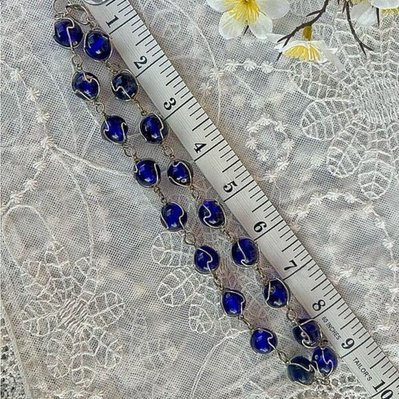 Vintage 70's Cobalt Blue Caged Wirewrap Art Glass Bead Necklace - Picture 5 of 8